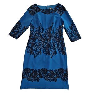 Adrianna Papell Sheath Dress Women's Size 8 Blue Black Floral 3/4 Sleeve EUC AN